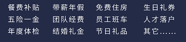人生就是博员工福利：餐费补贴、五险一金、年度体检、带薪年假、团队经费、结婚礼金、免费住房、员工班车、节日礼品、生日礼券、人才落户、其它……